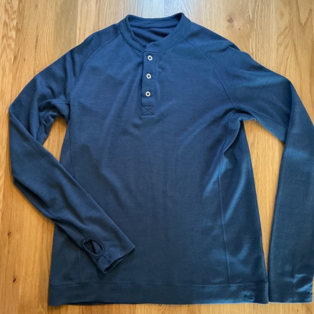 Showers‎ Pass XL Wool Bamboo Cycling Henley Shirt Navy Blue Thumbhole Jersey